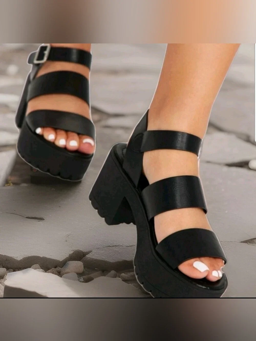 NWOT SODA Black platform faux leather triple strap Ankle Buckle Sandals Sz 10.